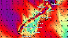 Forecast wind gusts across New Zealand's South Island at 12pm on Monday, July 6.