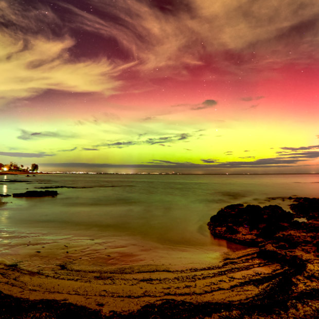 A view of the aurora australis from Ricketts Point in Beaumaris, Victoria.