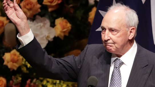 Former Prime Minister Paul Keating speaks. State memorial service for former Prime Minister Bob Hawke at the Sydney Opera House on Friday 14 June 2019. Photo: Alex Ellinghausen