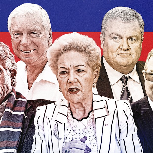 Western Bulldogs powerbrokers: (back) Garry Johnson and Peter Gordon, and (front), Alan Johnstone, Susan Alberti and David Smorgon. 