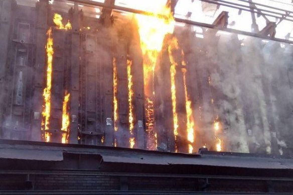 Avdiyivka coke plant burning after a rocket attack in a photo provided by the Ukrainian Attorney-General’s office on Telegram.