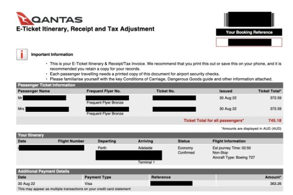 This screenshot shows an e-ticket that contained the names of the Inspiring Vacations travelers, flight information, frequent flyer number, and partial credit card data.