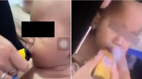 The boy can be seen inhaling and exhaling the vapour in the footage. 