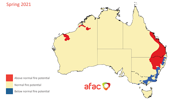 The AFAC has released its spring bushfire outlook, with parts of northern NSW set to face above-average fire risks.