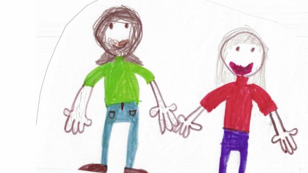 Heartbreaking images, drawn by children of a motorcyclist killed in Belconnen, were tendered in the ACT Magistrates Court. This image shows one of the girls and her father.
