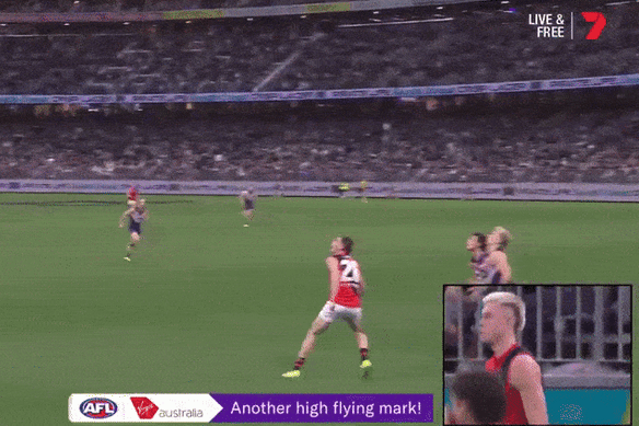 Nate Caddy soars over the back of the pack at Optus Stadium.