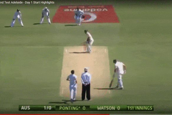 Jimmy Anderson knocks over Ricky Ponting in Adelaide.