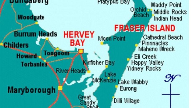A map of Fraser Island showing the area known as Cathedrals, on the eastern side of the island, and Kingfisher Bay on the west.
