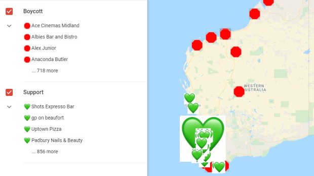 The Boycott Biz Perth map, which shows which businesses to boycott for following vaccination mandates. 