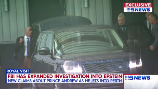 Nine News Perth captures Prince Andrew arriving in WA.