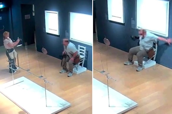 Still from video released by the Palazzo Maffei in Verona, Italy, after a visitor broke a chair covered in Swarovski crystals.