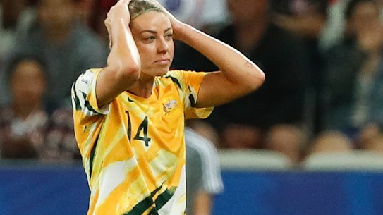Australia's Alanna Kennedy leaves the pitch after receiving king a red card during the Women's World Cup round of 16 soccer match between Norway and Australia at the Stade de Nice in Nice, France