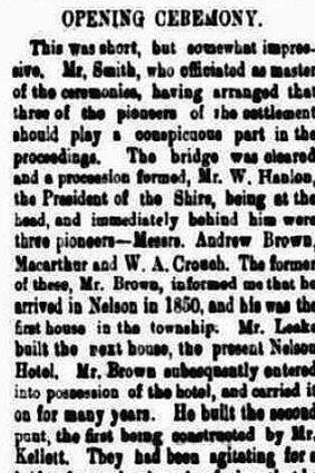 <i>The Portland Guardian</i> of February 13, 1893, reports the opening of the bridge over the Glenelg River at Nelson. 