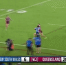 Ethan Strange and Hudson Young react to Kalyn Ponga’s shoulder charge.