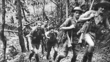 Diggers on the Kokoda Track, including George Palmer of the 39th Battalion, second from the right.
