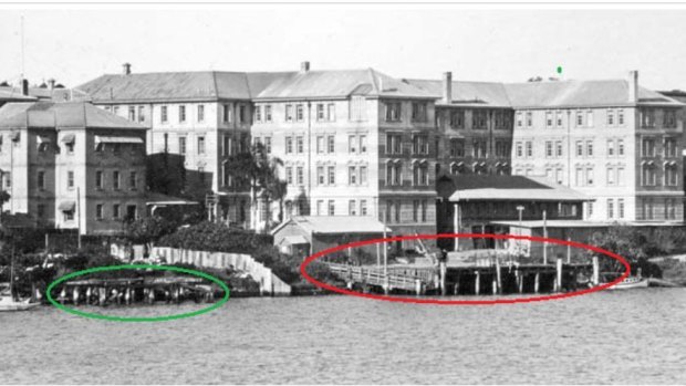 This 1930 photograph of Brisbane's Queen's Wharf area shows the original King's Wharf (1824) in the green circle. It became known as Queen's Wharf when Queen Victoria assumed the throne. The red circle shows a larger timber wharf, (built post 1870) which was still there before the Riverside Expressway was built in the 1970s.