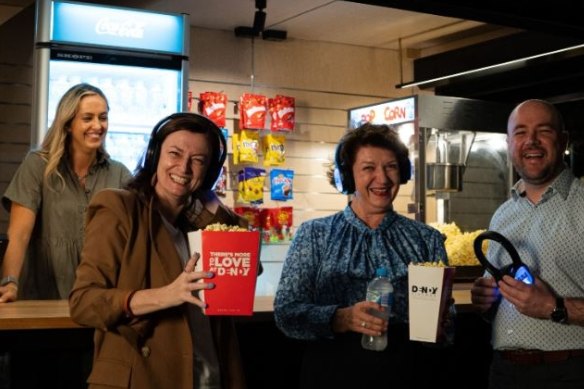 (From left) Dendy Powerhouse outdoor cinema manager Phoebe Condon with Brisbane Powerhouse chief executive Kate Gould, Central Ward councillor Vicki Howard and Dendy Powerhouse outdoor cinema project manager Leigh Barnett.