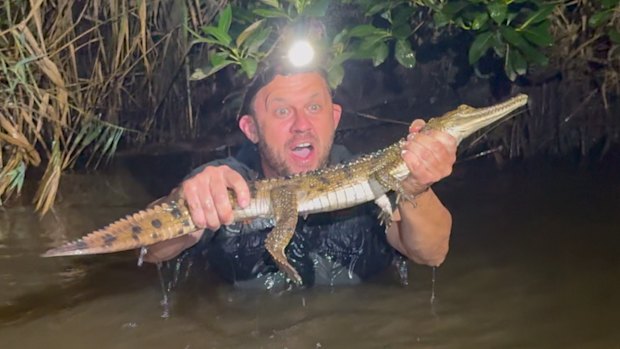Australian Reptile Park manager Billy Collett with a freshwater crocodile captured at Wallsend on Sunday, March 1, 2026.