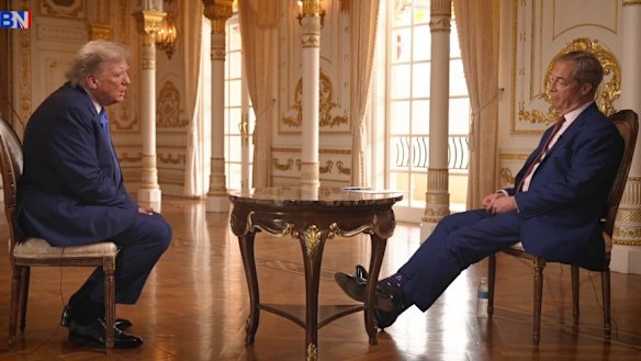 Donald Trump speaking with Nigel Farage in 2024 for Pau;l Marshall’s GB News.