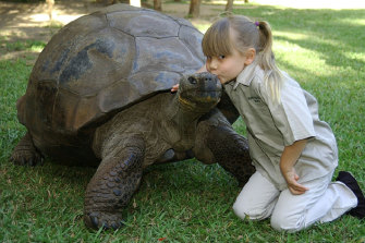 Harriet the tortoise lived in Brisbaneâ€™s Botanical Gardens until she spent her final years at Australia Zoo, where she is pictured with a young Bindi Irwin in 2006.