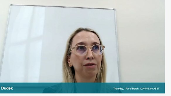 The Star Entertainment Group’s assistant group treasurer, Paulinka Dudek, giving evidence to the Bell Review on Thursday, March 17, 2022. 