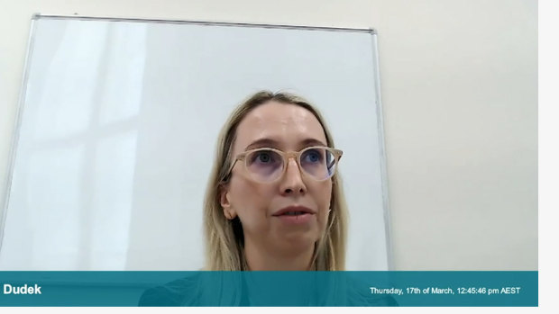 The Star Entertainment Group’s assistant group treasurer, Paulinka Dudek, giving evidence to the Bell Review on Thursday, March 17, 2022. 