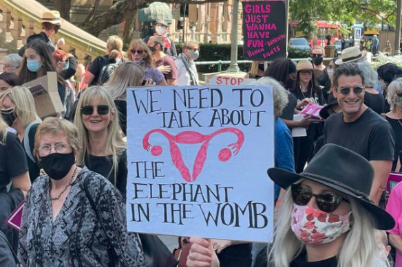 A protester in the Sydney Women’s March 4 Justice at Town Hall Square on Monday. 