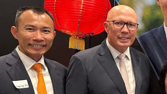 Xie Xiongming, far left, next to Opposition Leader Peter Dutton at an event promoting Liberal candidate Scott Yung, far right.