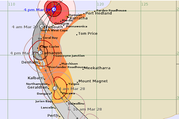 As of 4pm on Thursday the cyclone was tracking to directly hit Exmouth.