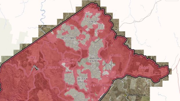 The Bushfire Prone Area Map showed large sections of Canberra were near bushfire prone areas.