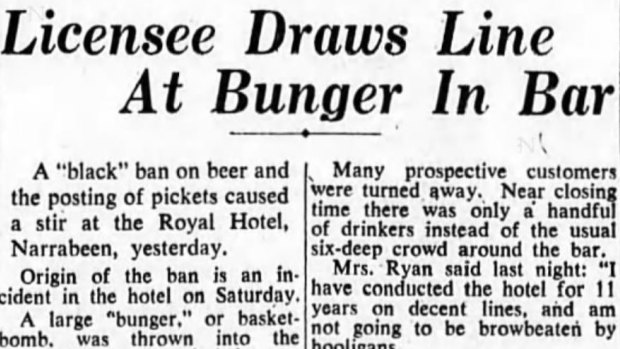 Headline "Licensee Draws Line at Bunger in Bar". From The Sydney Morning Herald, 3rd May 1949.