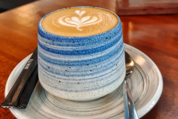 A barista-made coffee with frothy steamed milk in a blue mug