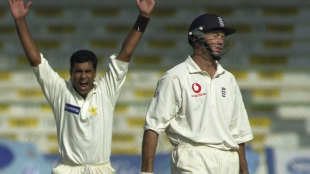 Pakistan’s Waqar Younis celebrates the wicket of Graham Hick in 2000.