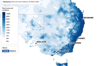 Root zone soil moisture on March 20, 2022. The root zone is defined as the top 1 metre of the soil profile