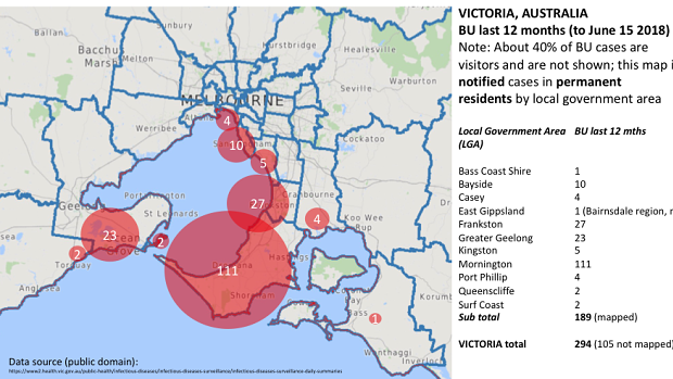This map shows numbers of recent cases Victorian council area. The size of the circles is indicative of recent risk of infection in the locations shown.