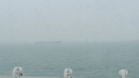The Anastasia is surrounded by other ships in the fog, waiting to unload Australian coal.