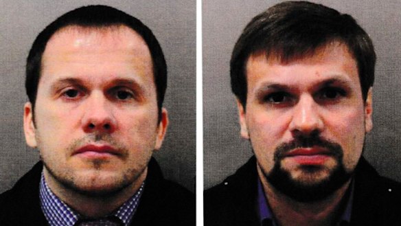 Alexander Petrov, left, and Ruslan Boshirov charged as the two Russians responsible for the Novichok poisonings in Britain. Boshirov's real identity has been revealed to be Colonel Anatoliy Vladimirovich Chepiga.