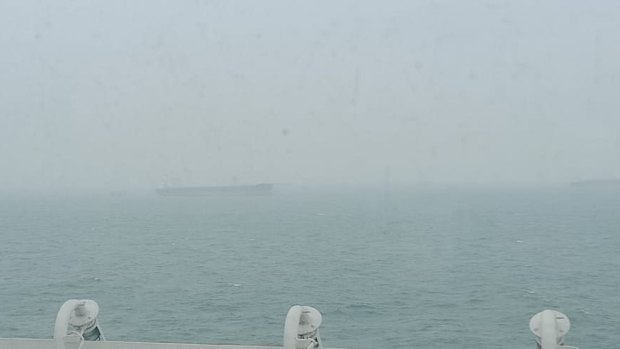 The Anastasia is surrounded by other ships in the fog, waiting to unload Australian coal.