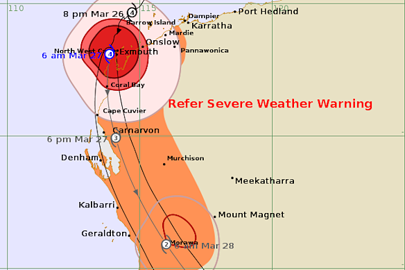 The Bureau of Meteorology’s Tropical Cyclone Narelle forecast map as of 6am on March 27.