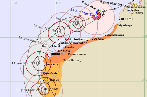 Tropical Cyclone Narelle’s forecast path down the WA coast.