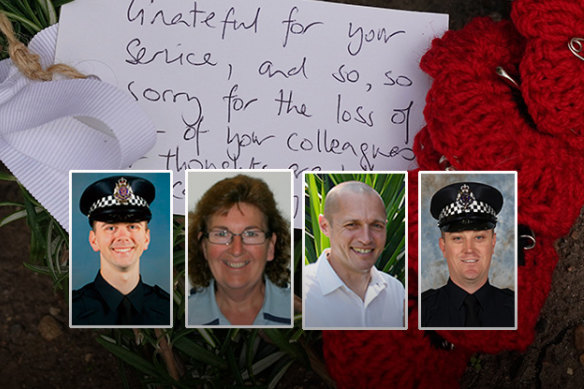 The police officers killed in the Eastern Freeway crash were (from left) Constable Josh Prestney, Leading Senior Constable Lynette Taylor, Senior Constable Kevin King and Constable Glen Humphris.