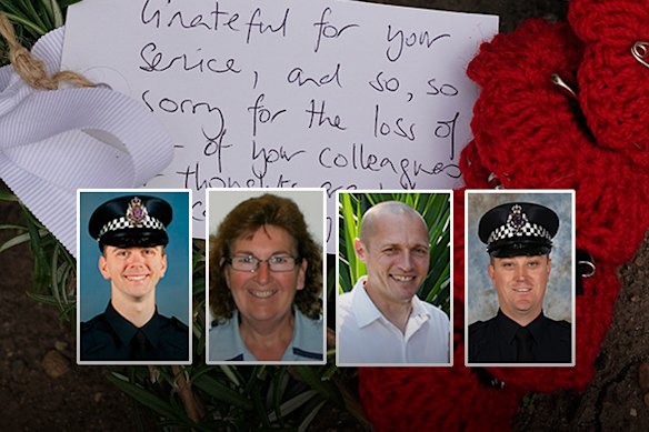 The police officers killed in the Eastern Freeway crash were (from left) Constable Josh Prestney, Leading Senior Constable Lynette Taylor, Senior Constable Kevin King and Constable Glen Humphris.