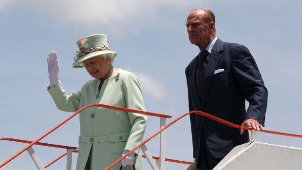 Queen Elizabeth II and Prince Phillip arrive at Brisbane Airport earlier this year.