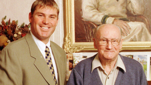 Shane Warne and Sachin  Tendulkar with Sir Donald Bradman at a 90th birthday celebration at his home. 