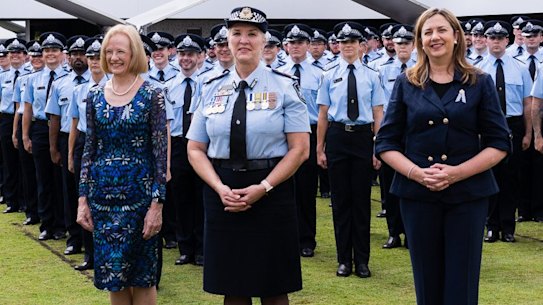 Queensland Governor Jeannette Young, Commissioner Katarina Carroll and Premier Annastacia Palaszczuk at a police induction ceremony.