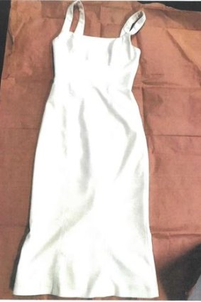 A photo of the white dress Brittany Higgins wore on the night of the alleged assault, tendered in evidence in Bruce Lehrmann’s Federal Court defamation case.