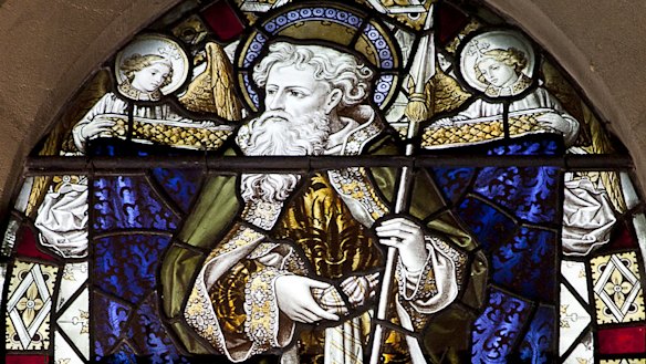 Original stained glass art of St Matthias.