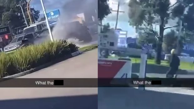 Images from a video showing the crashed Mazda and one of the masked gunman running from the scene.