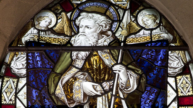 Original stained glass art of St Matthias.