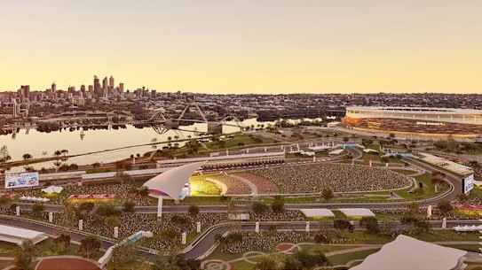 An artist impression of the Perth street circuit and amphitheatre on the Burswood peninsula.